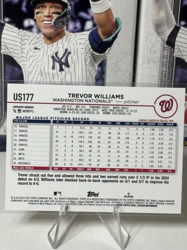 2024 Topps Update Trevor Williams Retail Royal Blue #US177 Nationals - Picture 2 of 2