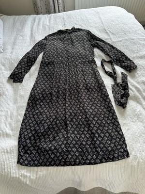 Toast Black Grey Beige Spot Crepe Shirt Midi Dress Size 16 Pockets 