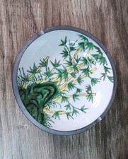 Ashtray Porcelain Bamboo Design Metal Decor Barware Dish MCM Orental  