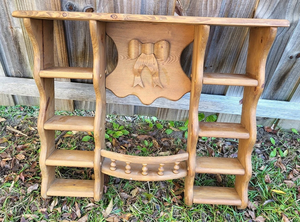 Vintage Solid Wood Tiered Display Shelf Trinket With BOW Wall Hung Whatnot  - Image 3 of 4