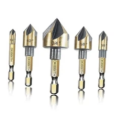 Countersink Drill Bit Set, 5pc, 1/4" Hex 5 Piece Hex Shank Countersink Bit