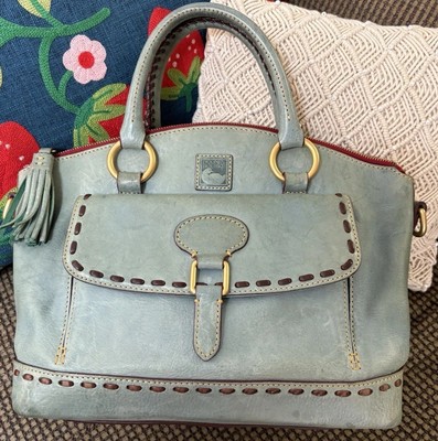 Dooney Bourke Light Blue Florentine Leather Front Pocket Domed Satchel Bag Purse
