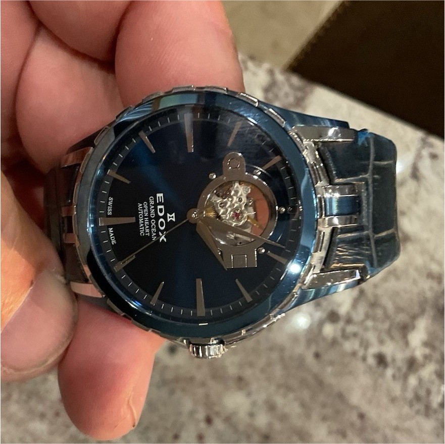 Edox Grand Ocean Open Heart Automatic Blue Dial Leather Strap Water-Resistant