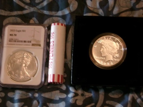 Neat Silver Dollar Lot 2023S Proof US Mint Peace Dollar and MS70 Silver Eagle