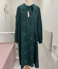 Marks and Spencer Dark Green Midi Dress Size 18 Paisley Tie Neck Bow Christmas