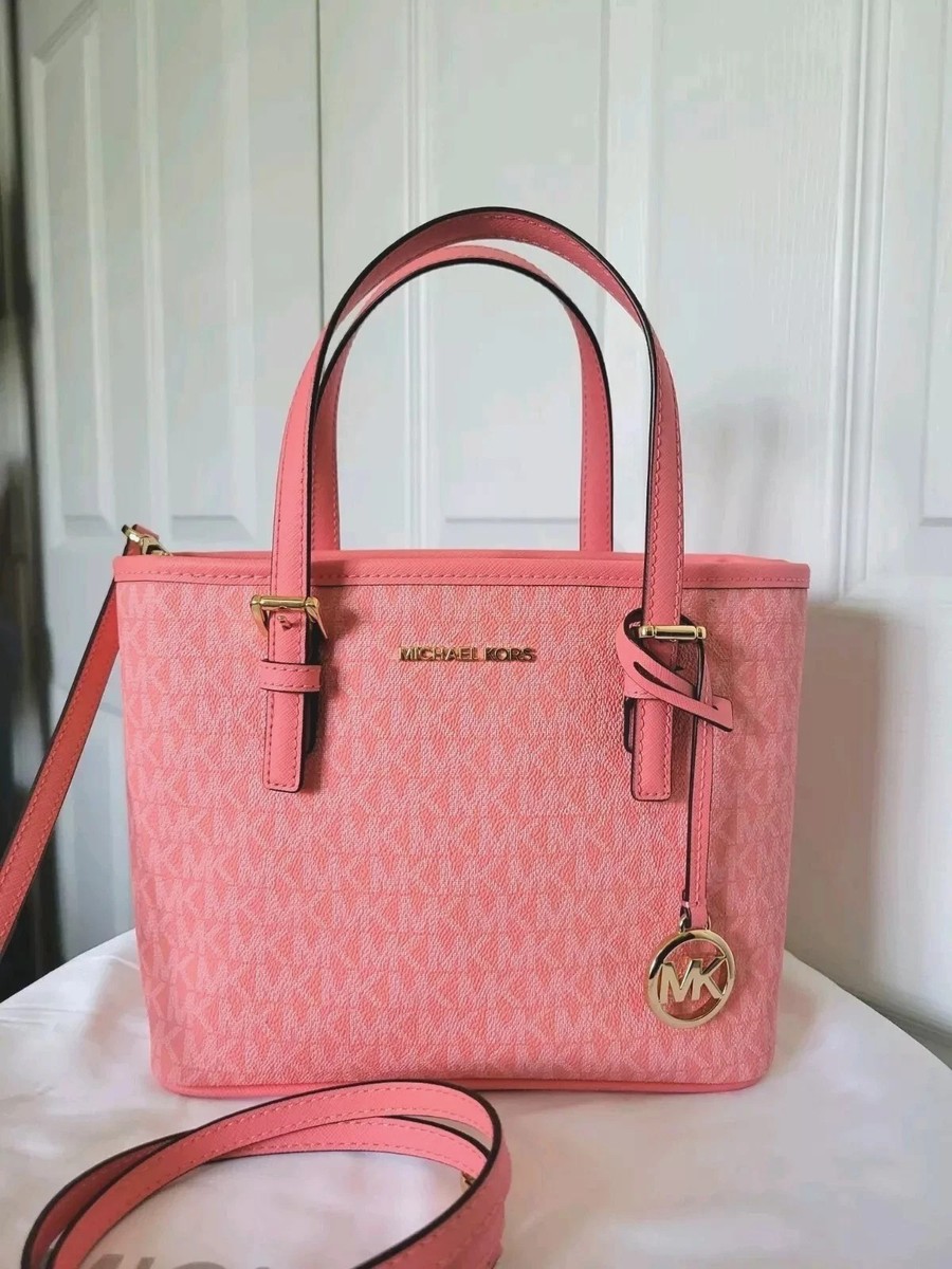 NWOT Michael Kors Jet Set Travel XS Signature Top Zip Tote Bag Carryall Pink