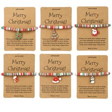 Women Heishi Surfer Merry Christmas Beaded Stretch Bracelets Stackable Card Gift