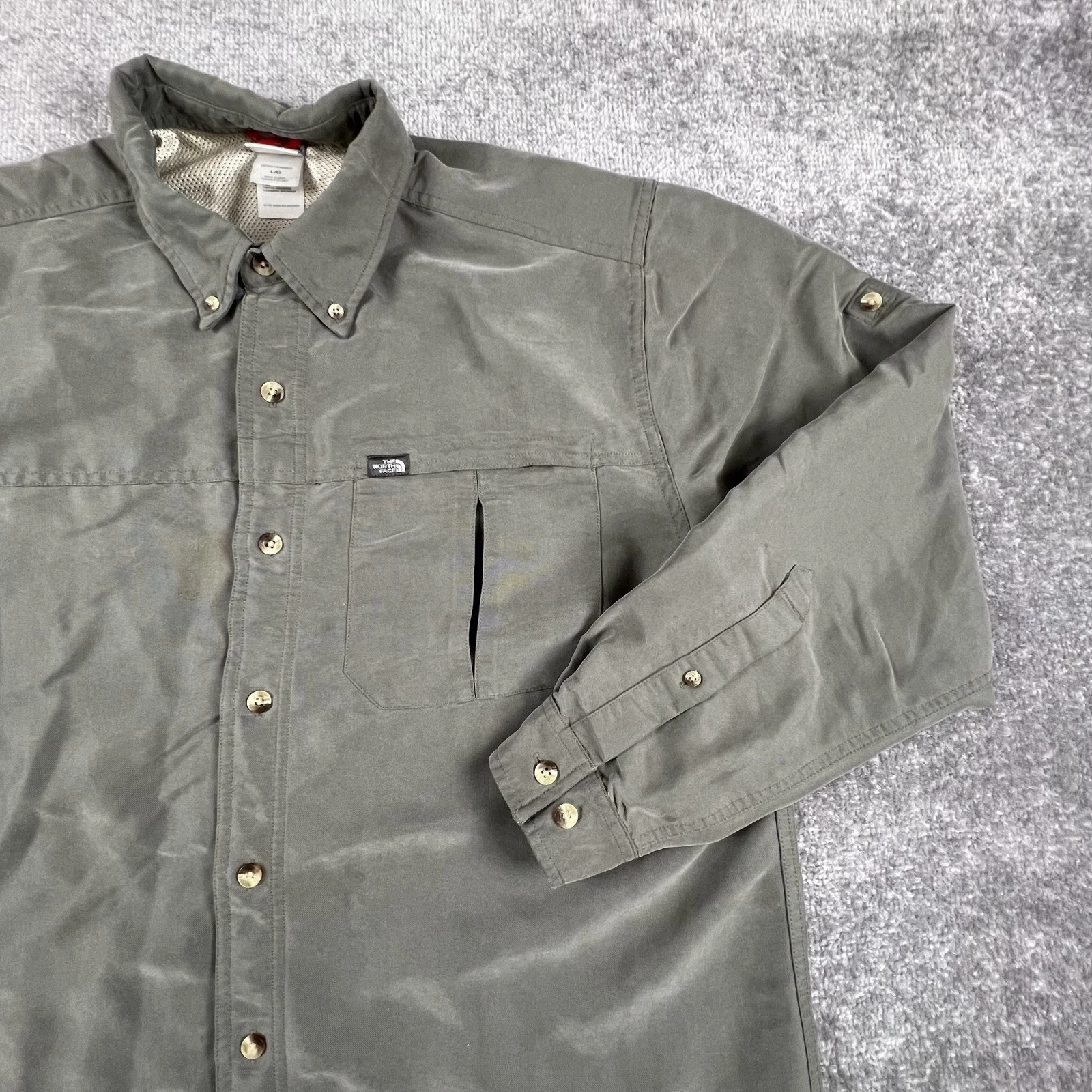 The North Face Shirt Mens Large Green Lined Long Sleeve Button Front Outdoor