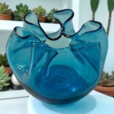 Vintage Blenko Turquoise Rose Bowl Vase 6 Crimped Early 1950s Winslow Anderson