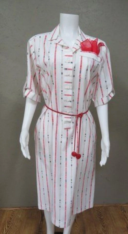 Vintage 1960s Red & White Shirt Dress w/ Belt & Pocket Scarf Size 12