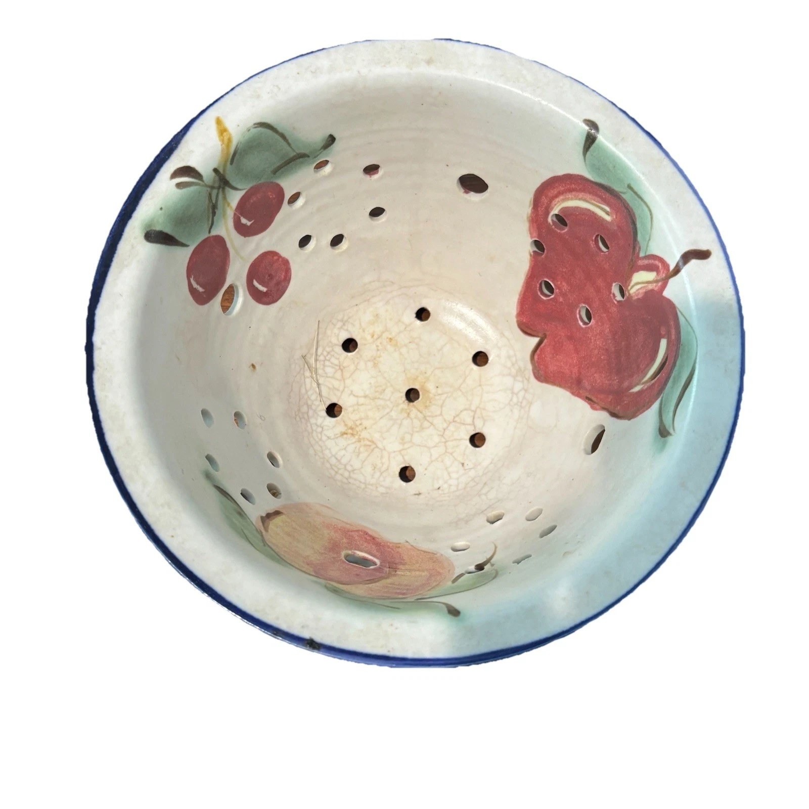 Clouds Folsom Pottery Colander Strainer Bowl Hand Painted Fruit 1999 VTG Country