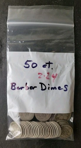 Bag of 50 10c Barber Silver Dimes