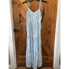 Ann Taylor Blue Floral Tiered Maxi Dress Tie Shoulder Rayon Sundress Womens Boho