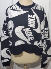 Nike Black White Allover Swoosh Logo Cropped Sweatshirt Women's Size M Medium