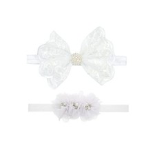 2 Pack Baptism White Newborn Bowknot Headbands Baby Christening Pearl Button