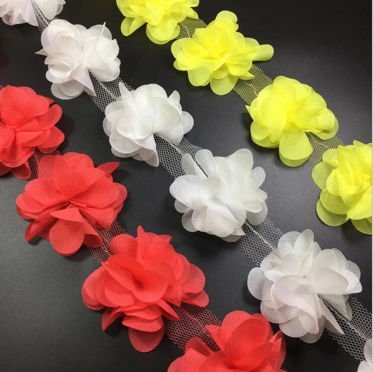 4 Yard (24X) Blumen 3D Chiffon Blumen Spitze Dekoration Kleid Applique Nähen DIY - Bild 1 von 4