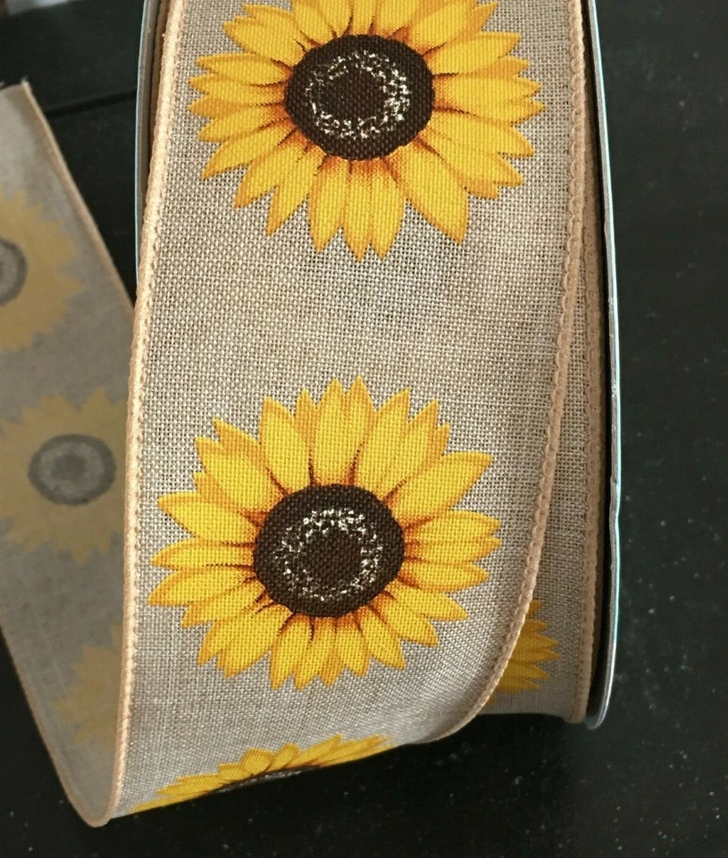 5 yds. NATURAL WOVEN SUNFLOWERS WIRE EDGE RIBBON 2 1/2" Wide - Image 1 of 1