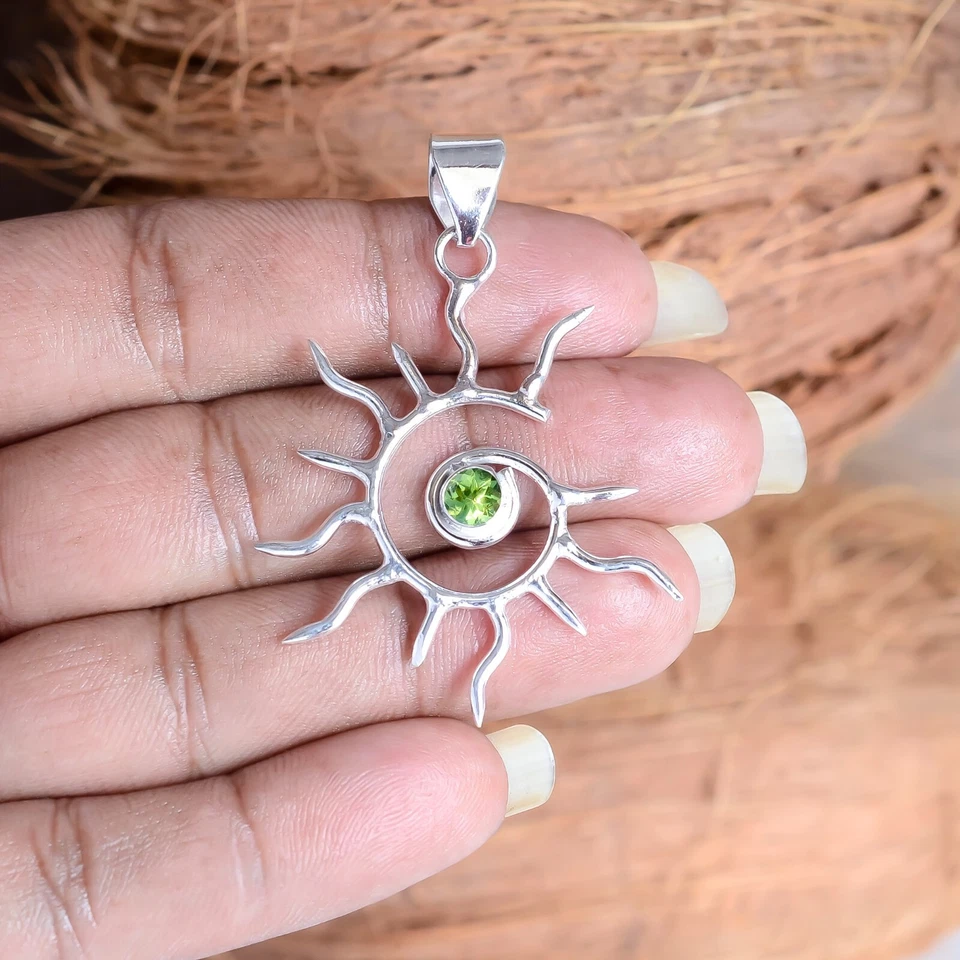 Peridot Cut Gemstone925 Sterling Silver Jewelry Designer Sun Pendant Necklace-BC - Image 3 of 4