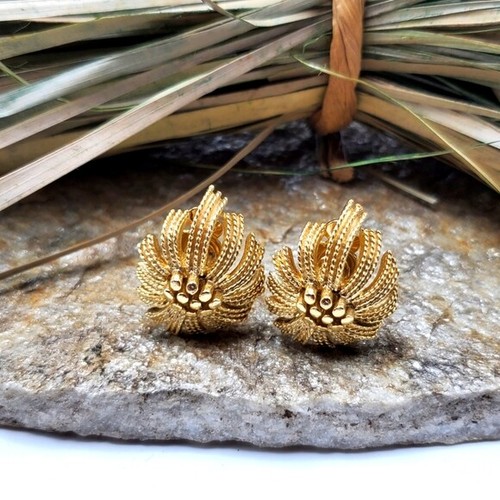 60's Textured Flower Earrings Clip-On Stud Statement Gold Tone Metal Fashion