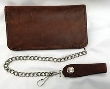 Brown Leather Trucker Wallet 6.5" x 3.75" Hidden Snaps 12" Chain MADE IN USA
