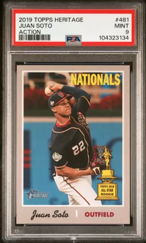 2019 Topps Heritage Juan Soto AS ROOKIE CUP #481, ACTION SP VARIATION, PSA 9