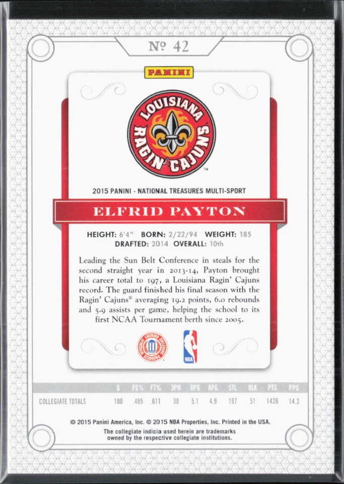 2015 Panini National Treasures Collegiate No42 Эльфрид Пэйтон Century черная No/5 - Изображение 2 из 2