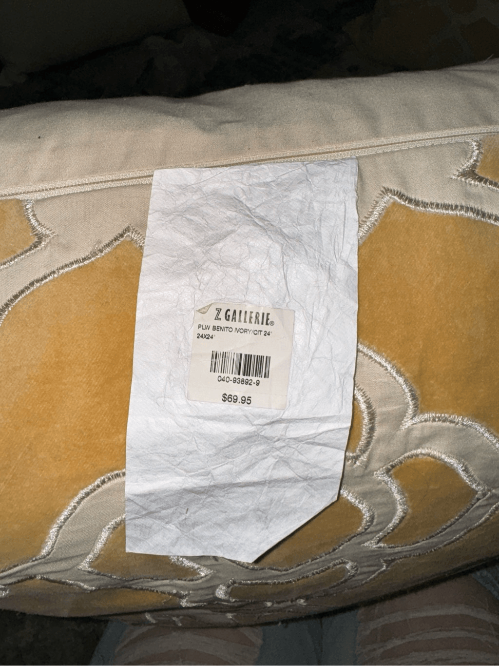 Z Gallerie Set of 3 Monaco Pillows Gold/Ivory 24" With Down Feather