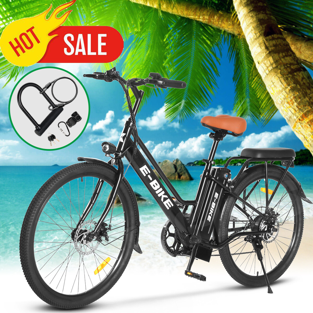 7 Speed Fat Tire Snow Beach City E-bike Black 36v