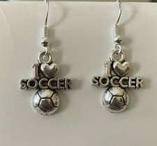 Awesome New Tibetan Silver I Love Soccer Ball Charm Hook Dangle Drop Earrings