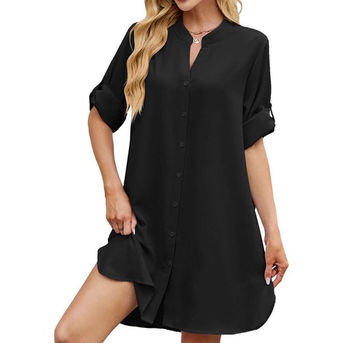 Women's Summer Button Down T Shirt Dress Casual Short Sleeve V-Neck Shirt Dress - Afbeelding 17 van 20