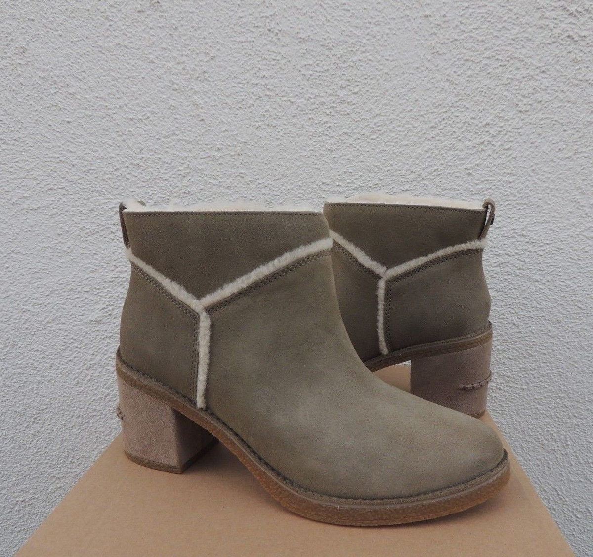 UGG KASEN II ANTILOPE SUEDE/ SHEEPSKIN HIGH HEEL ANKLE BOOTS, US