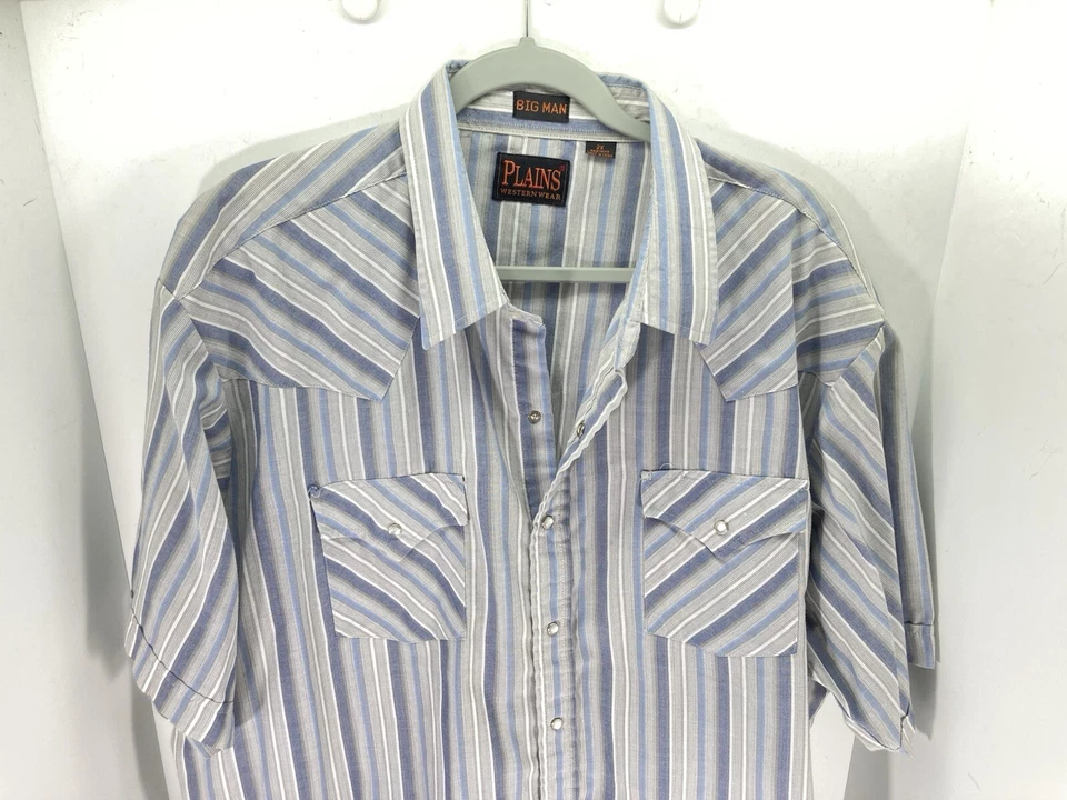 Ely Plains Big Man Pearl Snap Shirt Men Size Big 2X Blue Stripe Short Sleeve VTG - Image 2 of 4