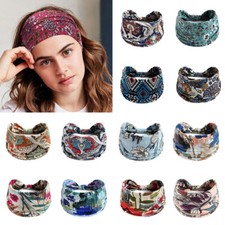 Boho Flower Print Wide Headbands Vintage Knot Elastic Turban Headwraps Stretch  