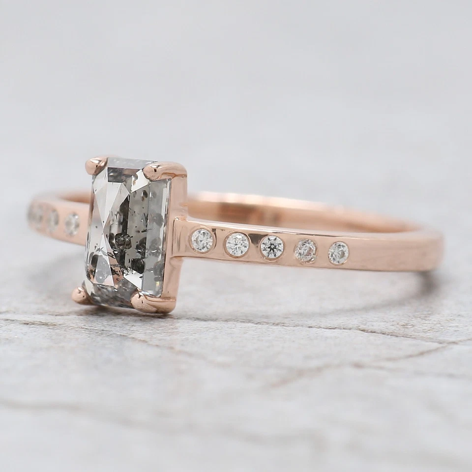 Обручальное подарочное кольцо из розового золота 14 карат с изумрудной солью и перцем 0,77 карата - Изображение 2 из 4