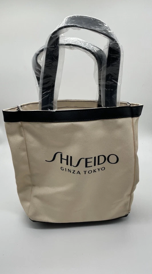 Bolso de Mano Pequeño Shiseido Ginza Tokyo Lona Japón Compras Reciclado Negro Crema Foto 2 de 4