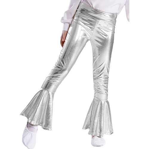 Girls High Waist Shiny Flare Legging Trousers Ruffle Bell Bottom Pants Dancewear - Picture 19 of 57