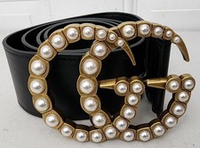 GUCCI BLACK LEATHER GG PEARL BELT SIZE 36-38
