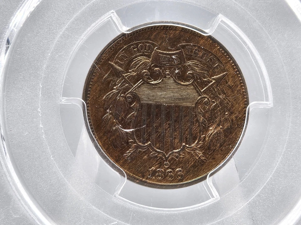 1866 PCGS MS 63 BN 2 Cent Piece **Woodgrain Excellent Eye Appeal** - Image 2 of 4
