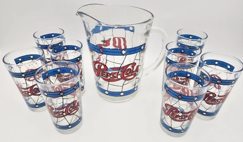 8 Vintage 1970s Pepsi-Cola Tiffany style-stained glass Tumblers with Pitcher