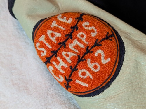 Bomber Hatchers vintage anni 60 uomo nero lana pelle manica State Champs LG - Foto 4 di 15