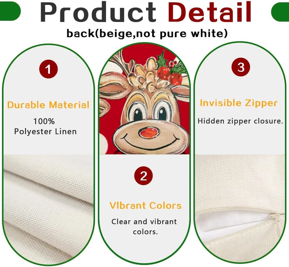 Capas de travesseiro vermelhas de Natal 12X20 polegadas, almofada lombar de bolinhas de frutas de renas - Imagem 4 de 4