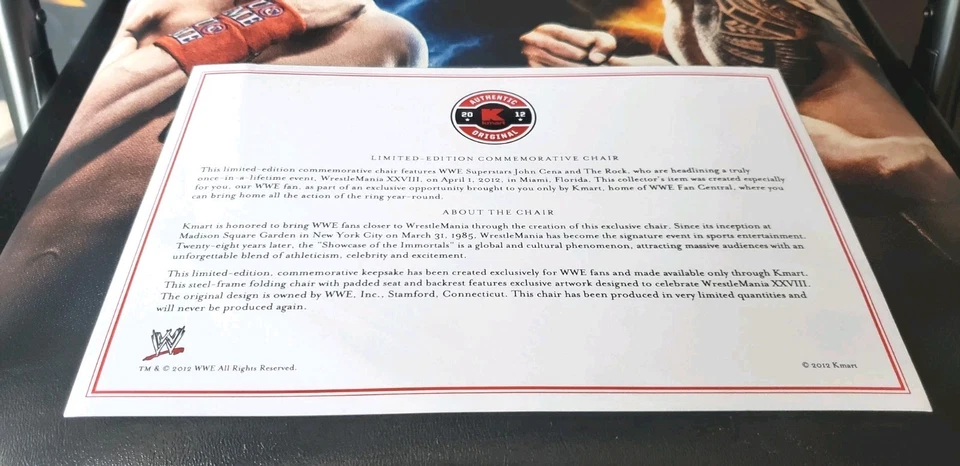 Стул WWE Wrestlemania XXVIII Ringside *Cena & The Rock новый редкий ограниченный выпуск - Изображение 2 из 4