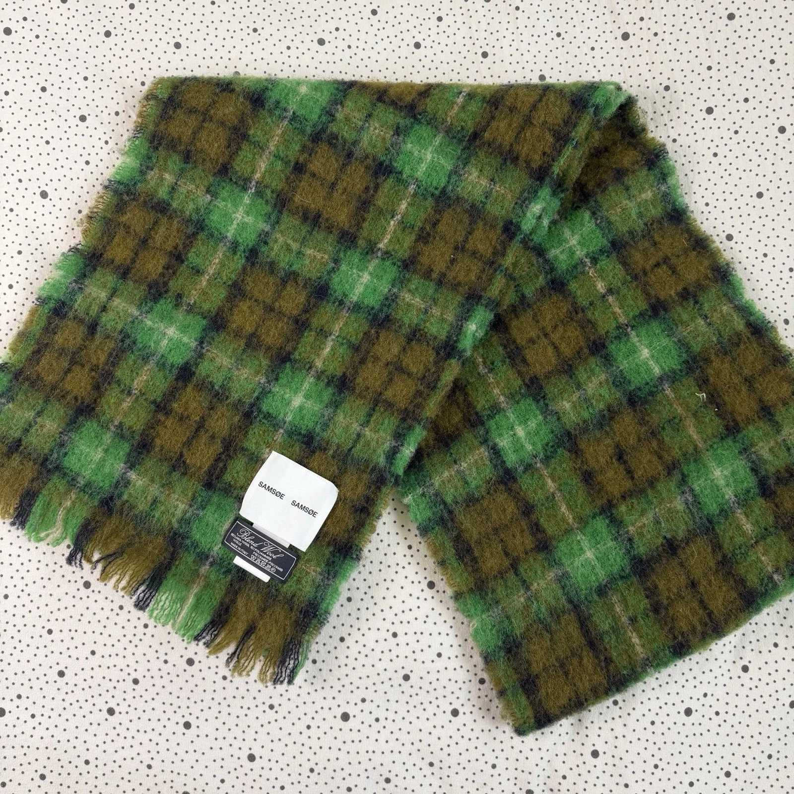 Samsoe & Samsoe Rocco Scarf 40”x14” Wool Blend Plaid Nature Tones
