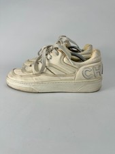 CHANEL Grained Calfskin Fabric Women's Logo Sneakers White Size 37 EU/ 7 US