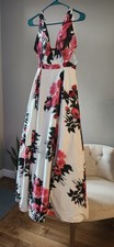 JVN by Jovani Size 8 White/Pink Floral V-Neck Strappy Maxi Gown Zip Satin