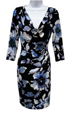 Lauren Ralph Lauren Midi Dress 8 Black Blue Floral Stretch Ruched Pull On Lined