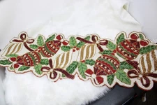 Christmas Beaded Elegant Table Runner Red Green Gold Bells and Bows 36 x 13"