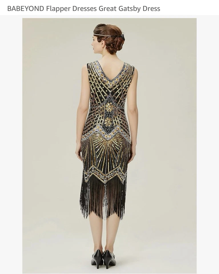 Vestido de Fiesta Disfraz Gatsby Flapper Años 20 Rugiente Negro y Dorado Lentejuelas Adulto Grande Foto 3 de 4