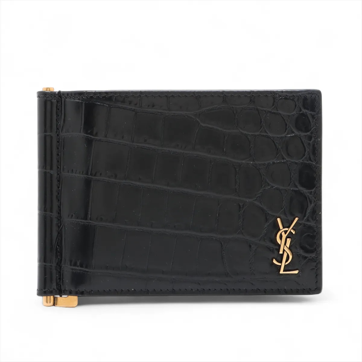 Saint Laurent Paris YSL line ART607738 Mock Croc Card Case Black
