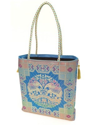 Turquoise Blue Hand Bag Banarasi Zari Brocade Golden Tassels Elephant Motif